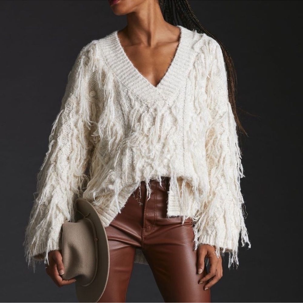 Anthropologie Fringed V-Neck Sweater